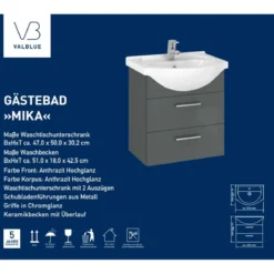 Gäste Waschbeckenunterschrank Mika, anthrazit, inkl. Keramikbecken, 2 Auszüge, B51cm