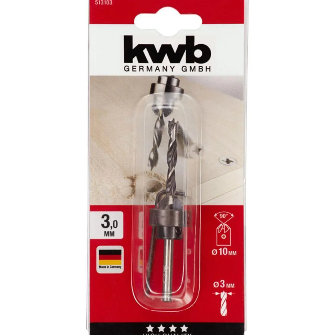 kwbHolzspiralbohrer-Set mit Aufstecksenker und Tiefenstop 3 teilig Durchmesser 3 mm