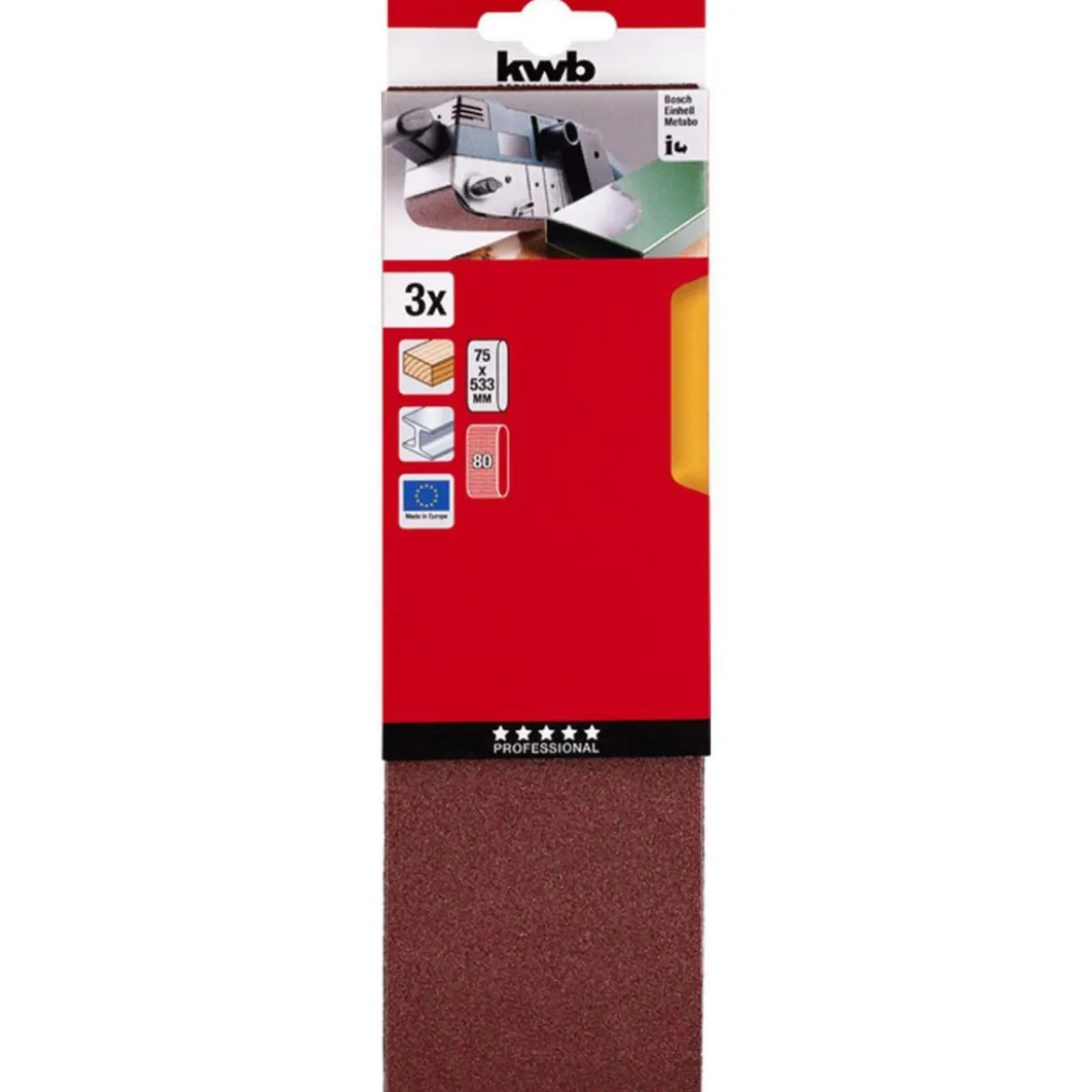 kwbSchleifbänder Holz und Metall 75 x 533 mm K80