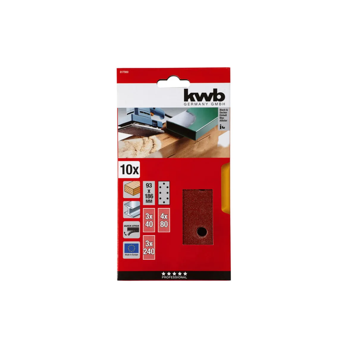 kwbSchleifstreifen Quick-Stick Holz und Metall 93 x 186 mm 10 teilig