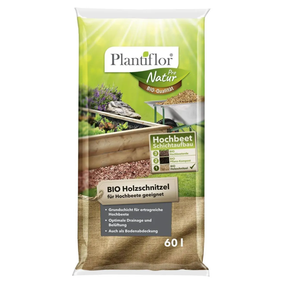 Plantiflor BIO Holzschnitzel Grundfüllung für Hochbeet 60 L