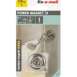 Suki Topfmagnet Neodym mit Öse Ø 32 x 44 mm, Gewindebuchse M6, silber