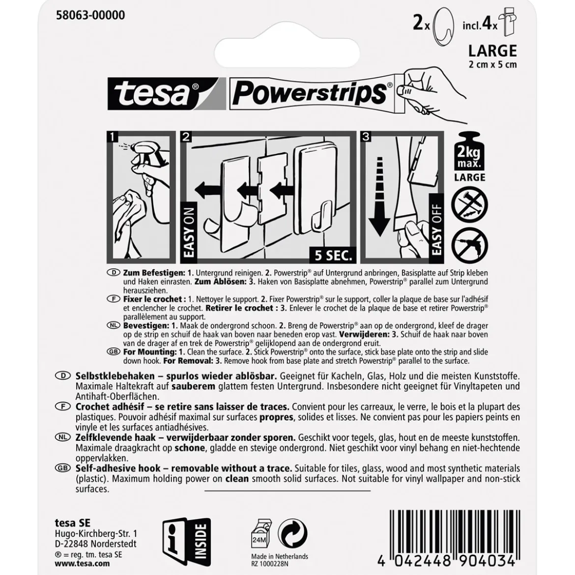 Tesa Haken Powertstripe Large Oval mattchrom 2 Haken und 4 Strips