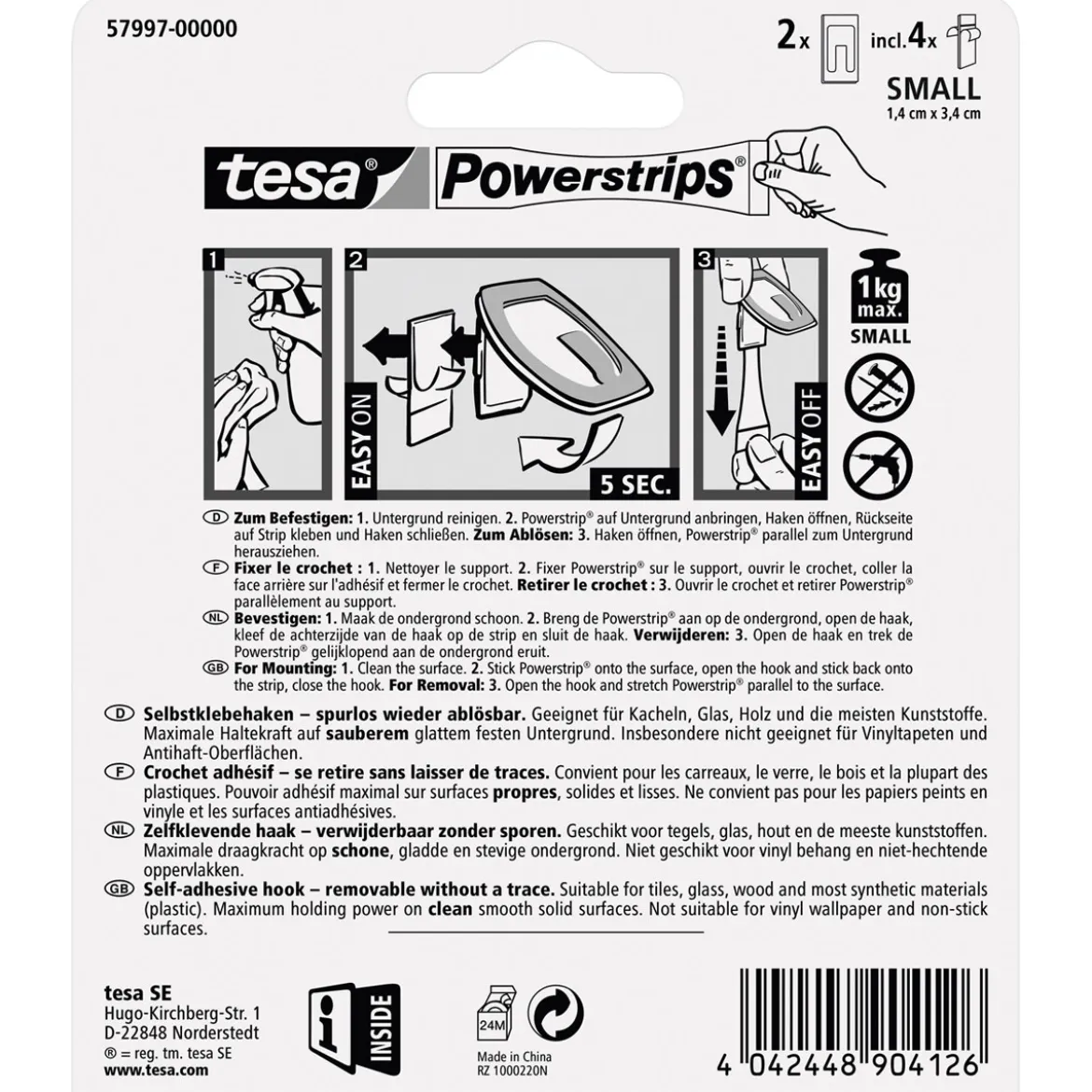 Tesa Haken Powertstripe Small Metallic Rechteck 2 Haken und 4 Strips