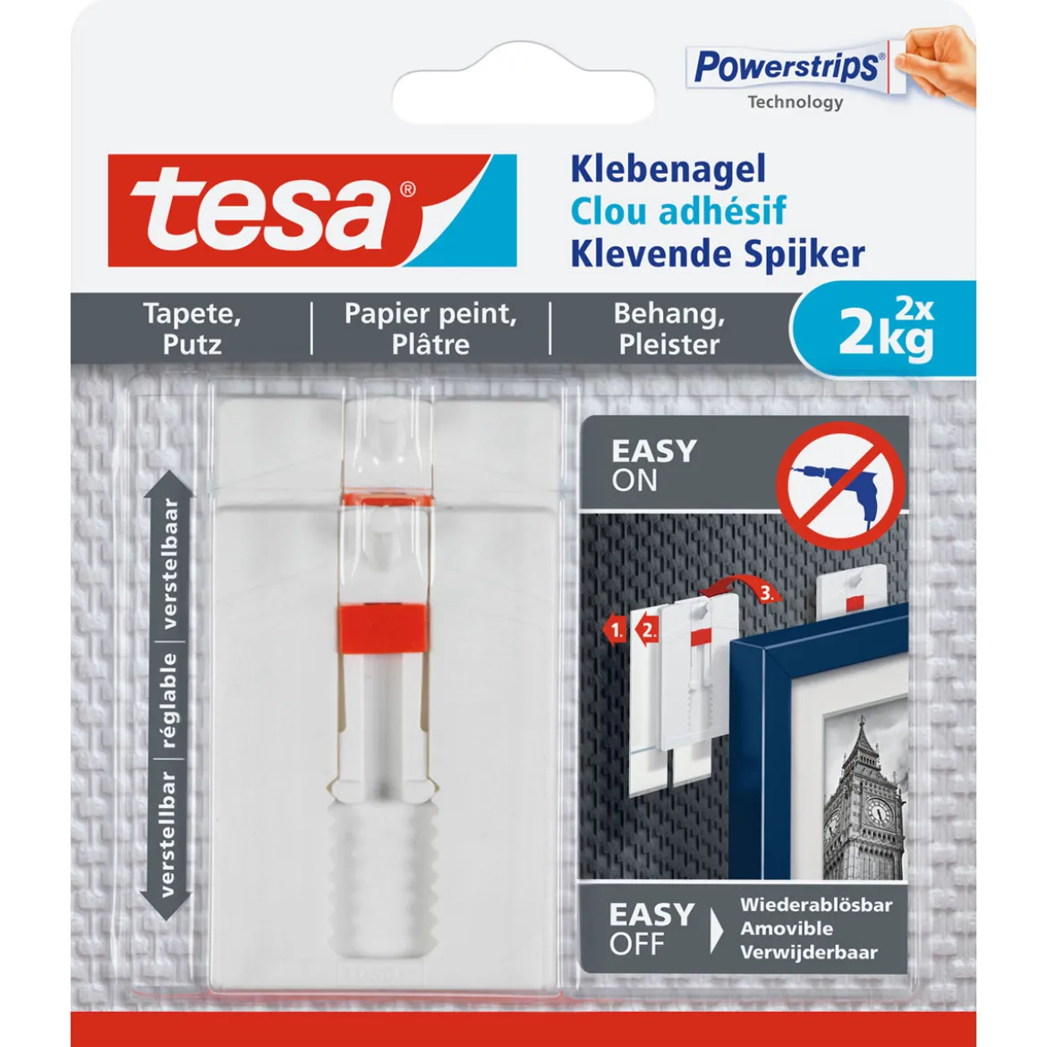 Tesa Klebenagel für Tapete und Putz verstellbar 2 Stück Traglast 2 x 2 kg