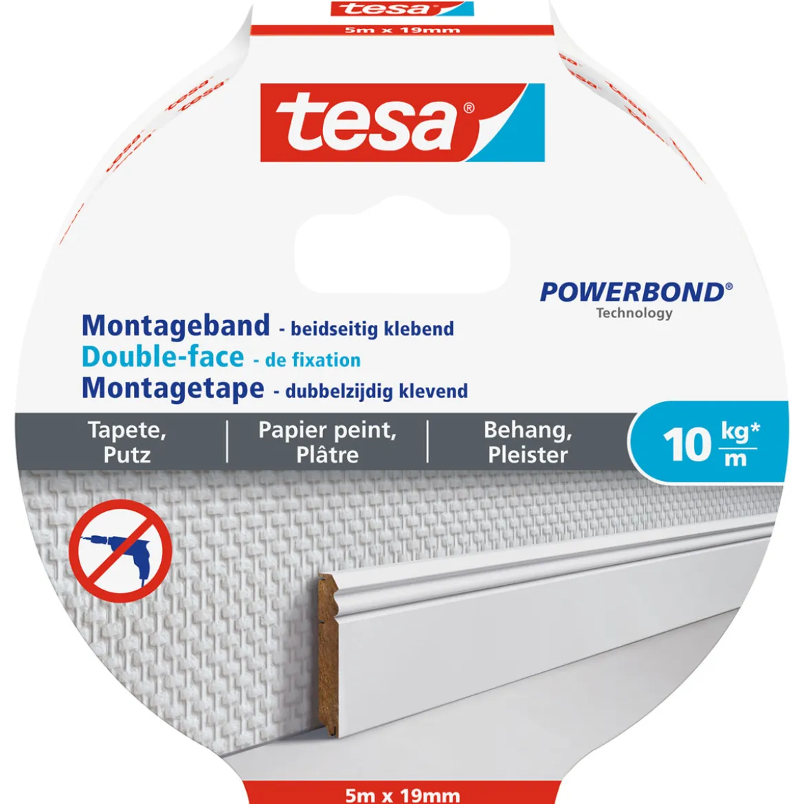Tesa Montageband für Tapete und Putz 5 m x 19 mm Traglast 10 kg